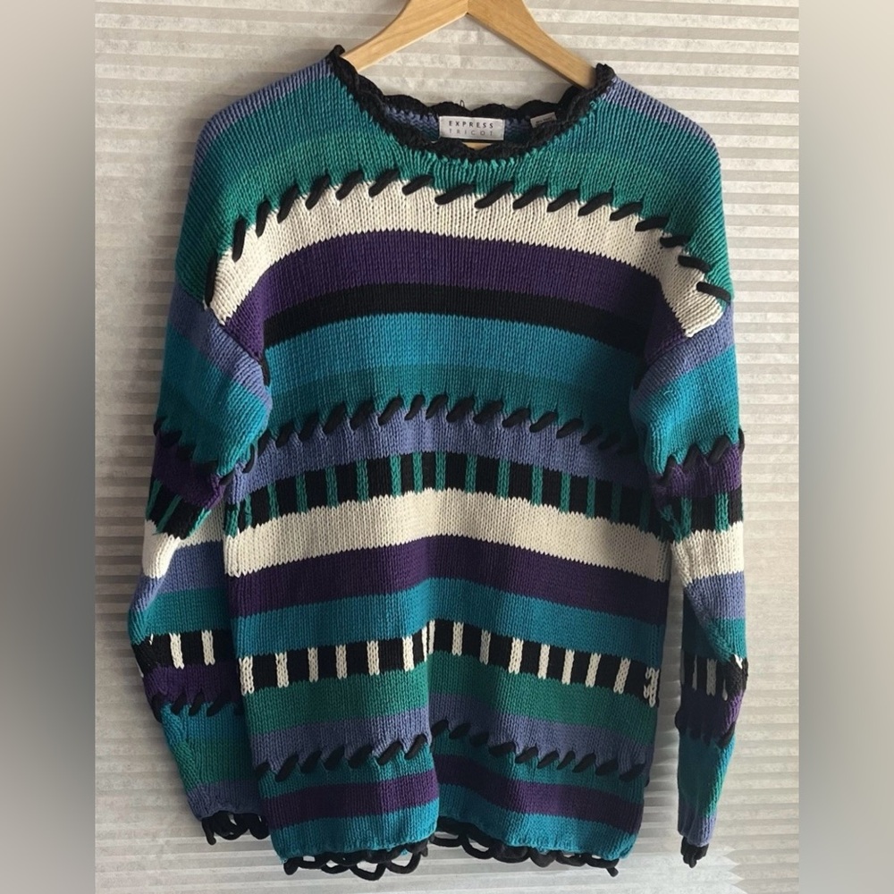 VINTAGE 90s Express Tricot Ramie Cotton Long Sleeve Knit Oversized Sweater XS